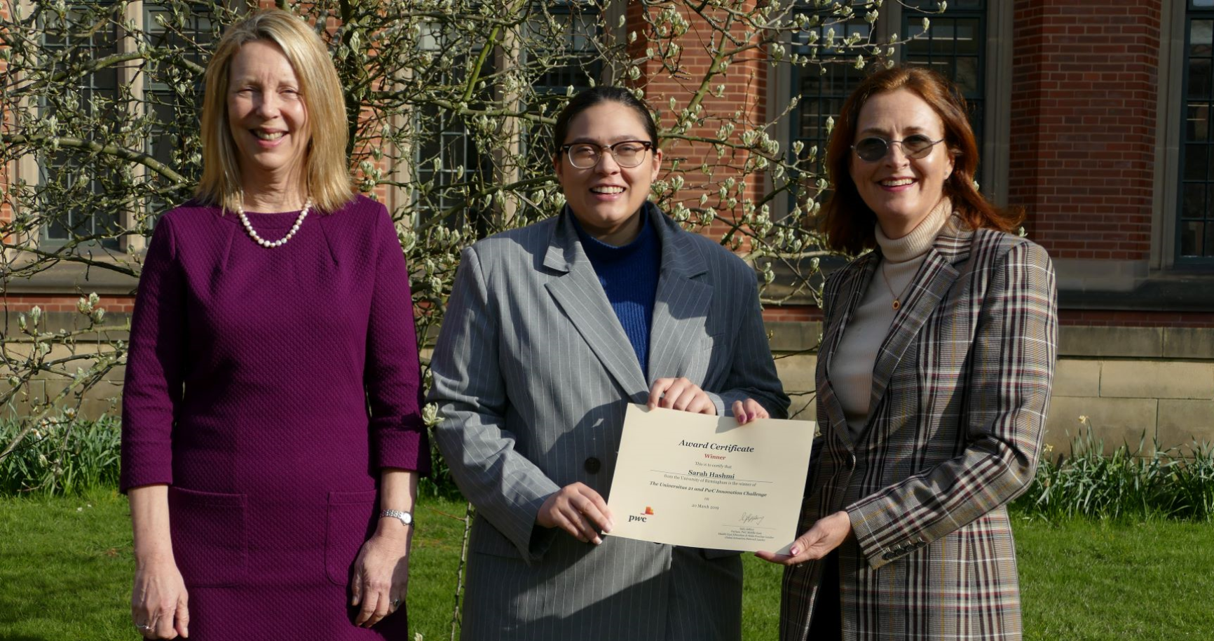 Sarah Hashmi, University of Birmingham - Winner of Round C, with Professor Kathy Armour, (left) and Sally Jeffrey (right)