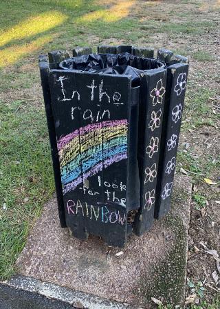 This colourful message drawn on a rubbish bin by a young person was seen on a walk through my local park in Epsom, Auckland