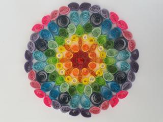 Rainbows have traditionally been seen as images of hope, and many people in the UK displayed rainbows in their windows during lockdown. This rainbow mandala was the second quilling piece that I have made and it was a good opportunity for me to show that someone who works with data can also be creative in other ways.