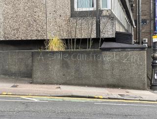 This was taken in Glasgow, in April 2020, a month after lockdown had begun. I liked the clarity and straightness of the hand-written message, alongside the uneven angles of a tired, manmade world - called-out top-right - and set against the yellow of parking lines, restriction signs, a closed curtain and the need for 2m social distancing.