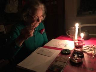 This is mum who lives alone in the Scottish Highlands. I got to visit her just before Christmas in 2020. One night the power failed, so we lit candles, got out the art box and made Christmas cards. The picture sums up my mum, she lives purposefully with her vascular dementia, demonstrating resilience, creativity and hope.