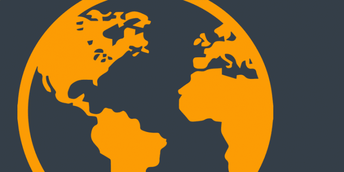 Orange icon of the world against a grey background