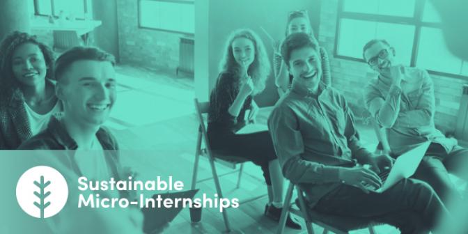 Green hued image showing 5 people sat on chairs laughing towards the camera. In the left had corner are the words sustainable micro-internships
