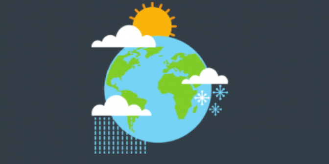 A graphic of the globe, with rain, snow and sunshine weather symbols around the globe.