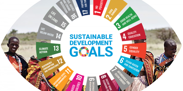 A graphic of the 17 sustainable development goals in a circle set on top of an image of a group of people in the shape of an eye. 