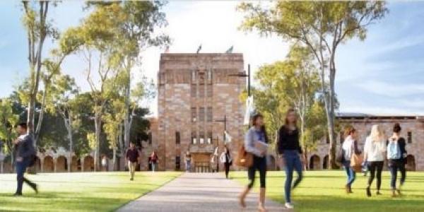 Students walking in front of the main building at University of Queensland
