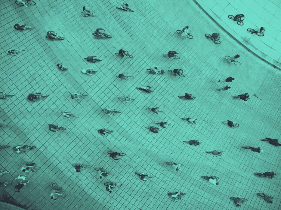 Aerial view of many cyclists