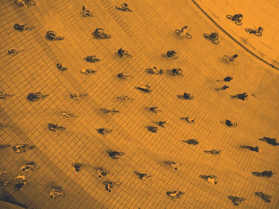 Aerial view of many cyclists