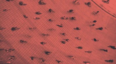 Aerial view of many cyclists