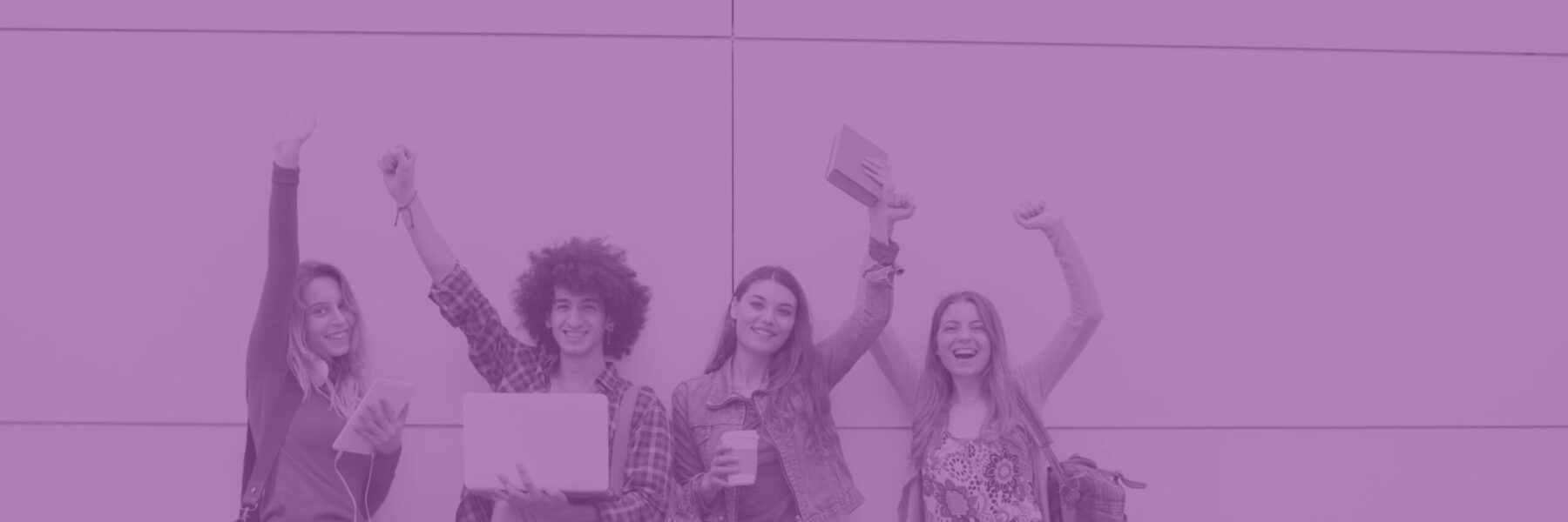 Image of students cheering holding books and laptops with purple wash over the top