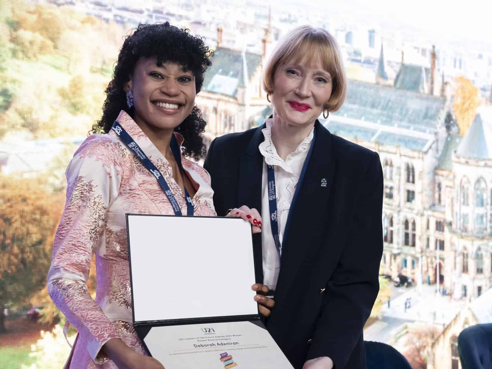Leaders of the Future Award winner, Deborah Adeniran being presented with a certificate by Rachel Sandison, University of Glasgow